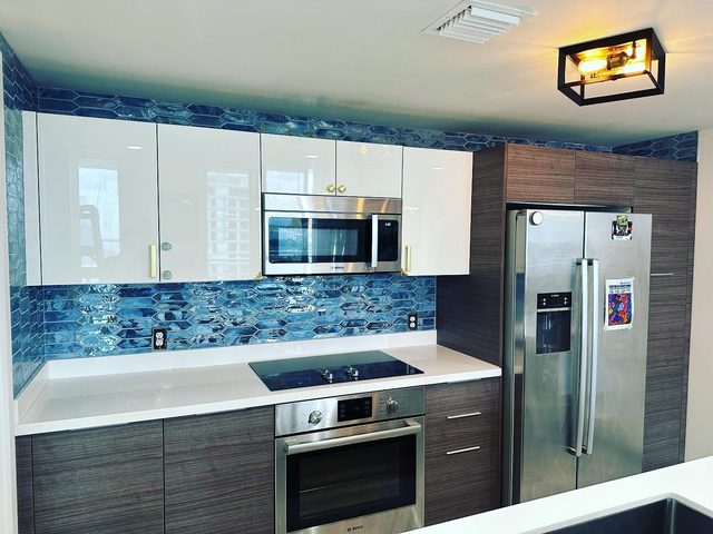 Tile backsplash: blue glass mosaic tile