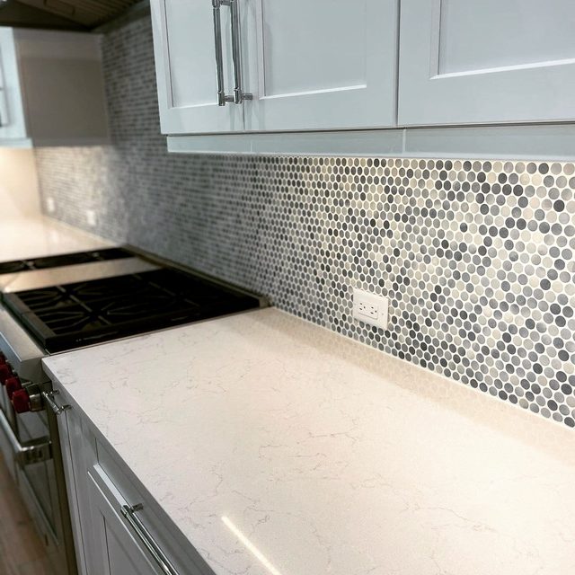 Tile backsplash: gray and white hexagon mosaic tile